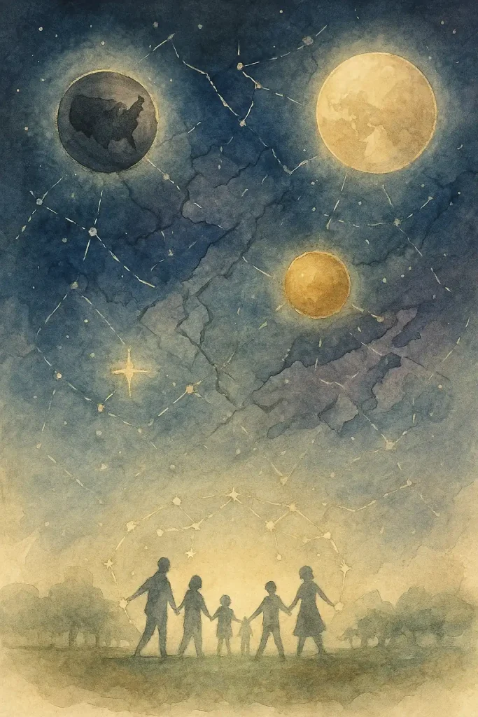 Infographie poétique en style constellation illustrant le bal des puissances mondiales, les ruptures systémiques et l’importance des solidarités locales.