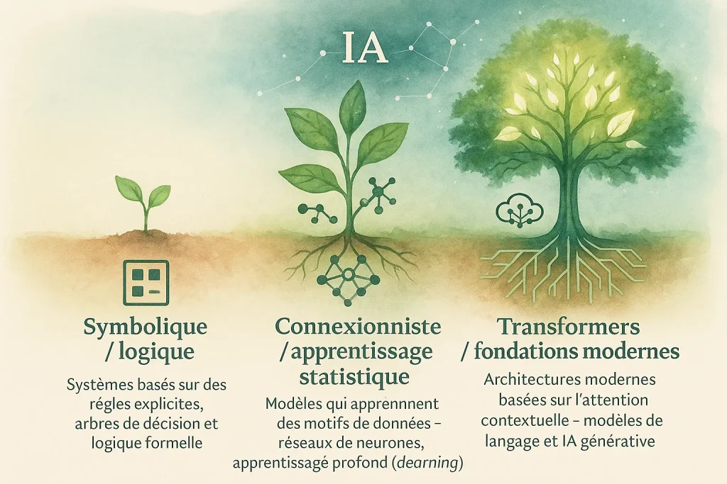 Infographie poétique présentant l’évolution de l’IA : symbolique, connexionniste et transformers, reliées par une constellation.