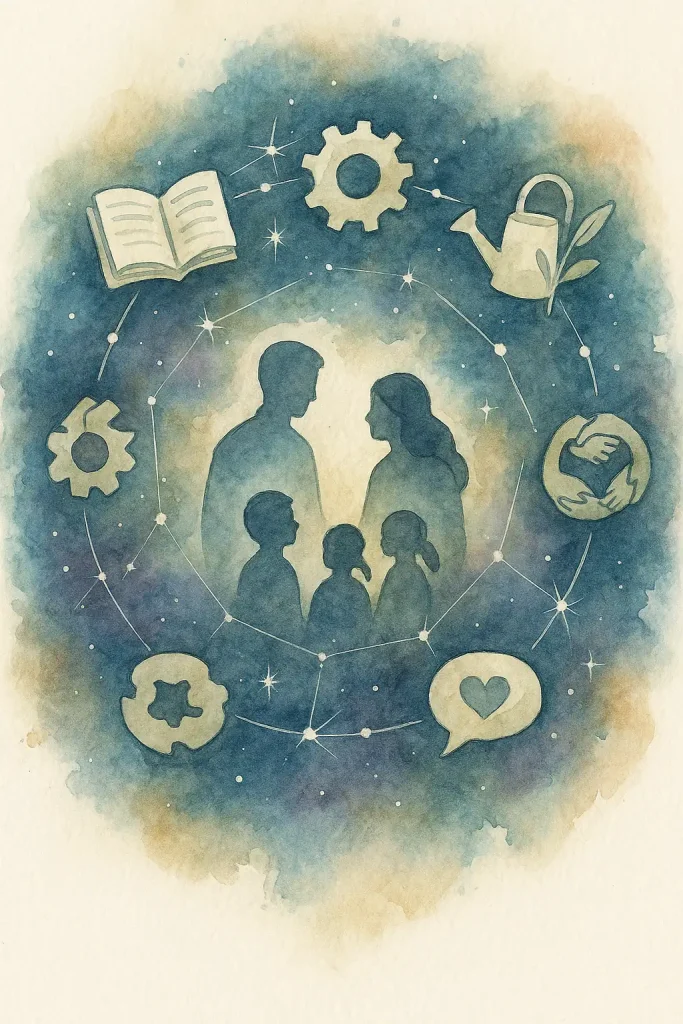 Famille partageant des gestes quotidiens durables et des rituels d’héritage doux, entre énergie, nature, technologie et transmission