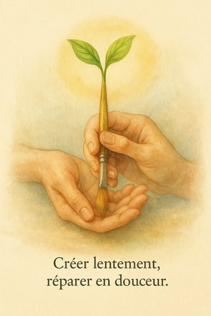 Mains tenant un pinceau d’où pousse une jeune plante — symbole de création lente et de guérison intérieure.