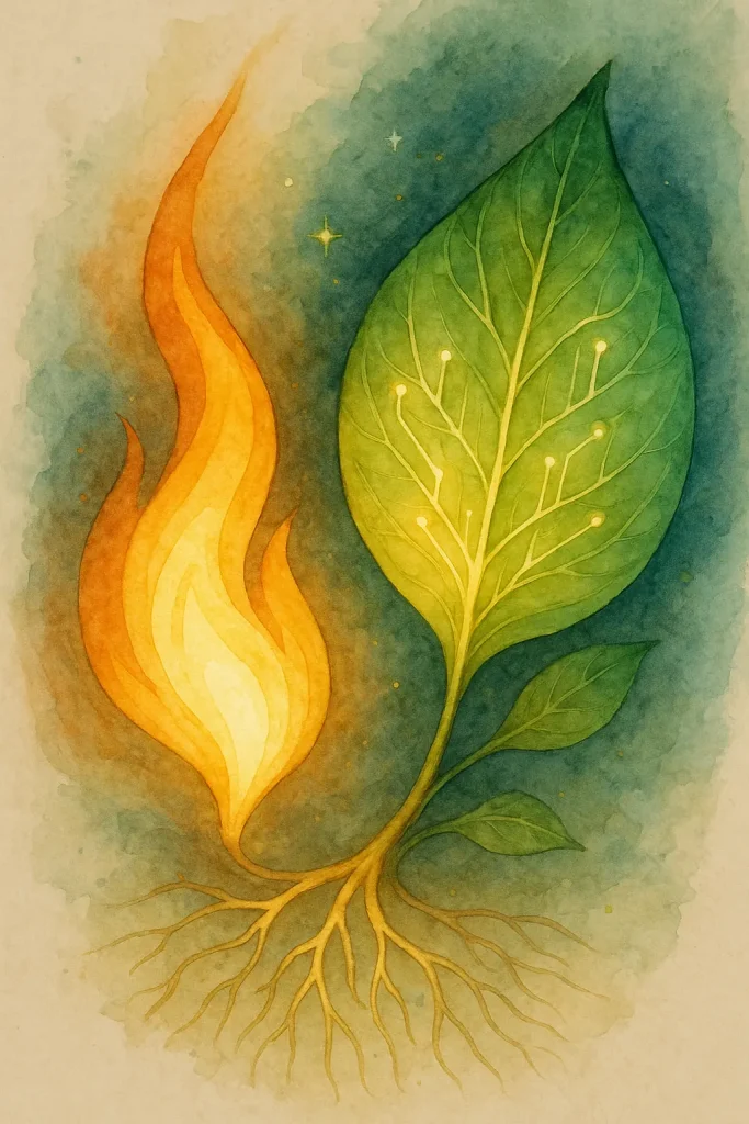 Illustration poétique du dialogue entre le feu du calcul et la sève du vivant.
