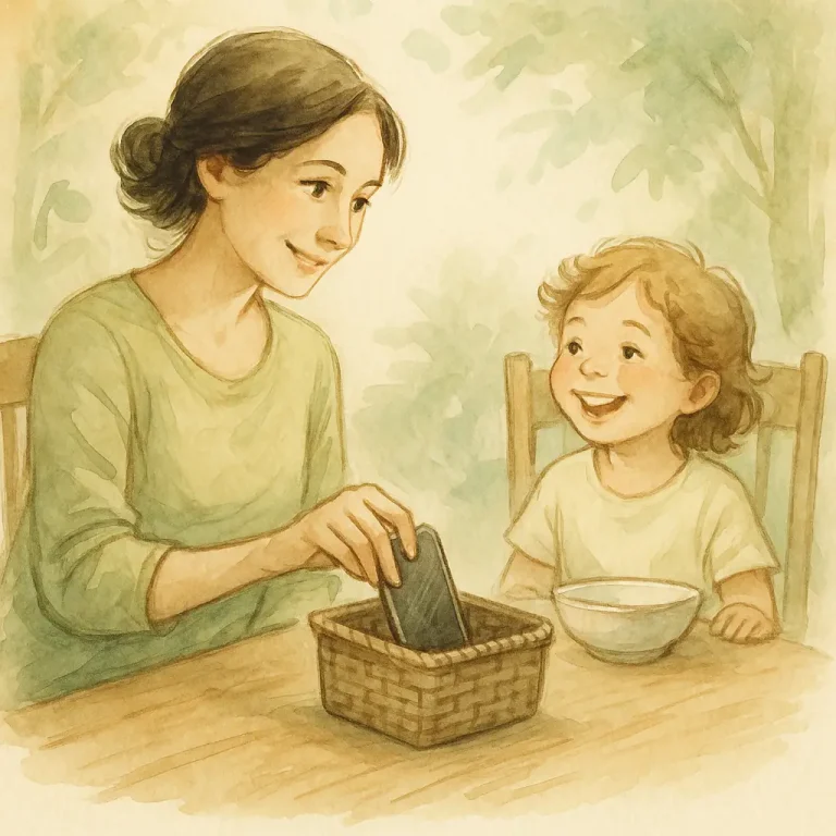 Technoférence parentale : parent qui range son téléphone dans un panier pour partager un repas joyeux et complice avec son enfant, sans écran