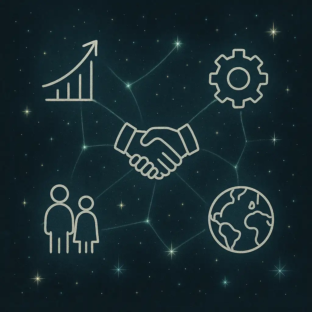 Infographie poétique en style constellation illustrant les trajectoires 2050 : climat, stabilité sociétale et déploiement technologique, avec symboles interconnectés.