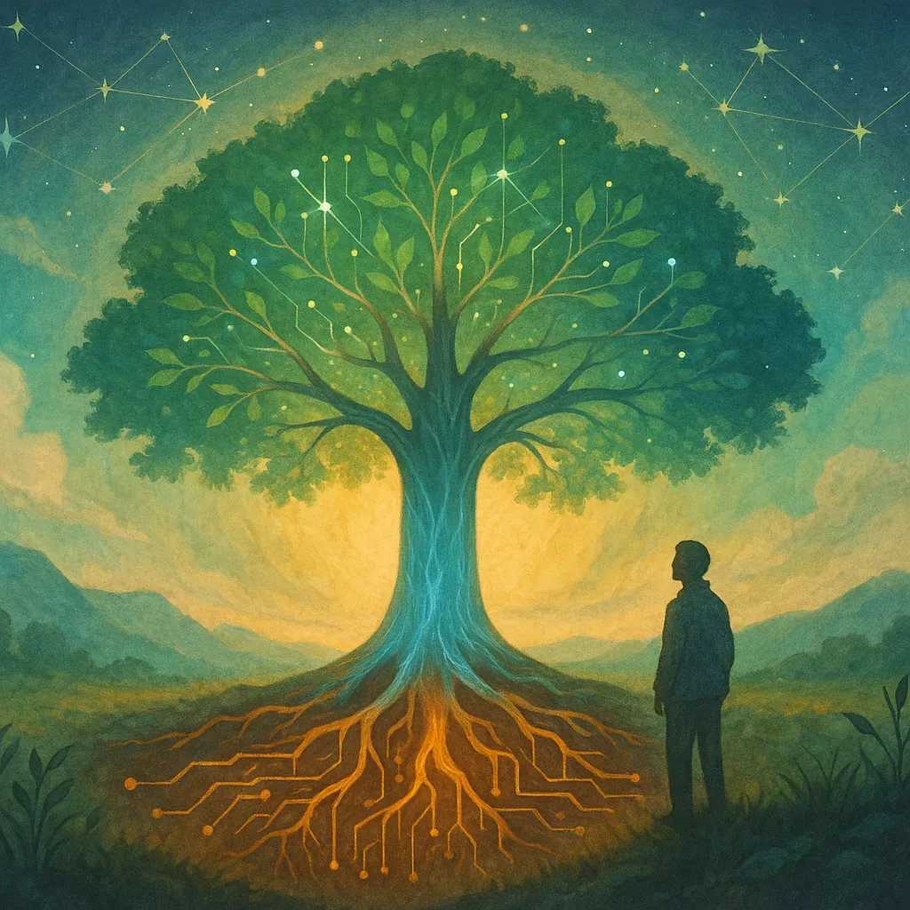 Illustration poétique représentant la symbiose entre l’humain, la nature et la technologie : un arbre lumineux relie la terre et le ciel sous le regard d’une silhouette contemplative.