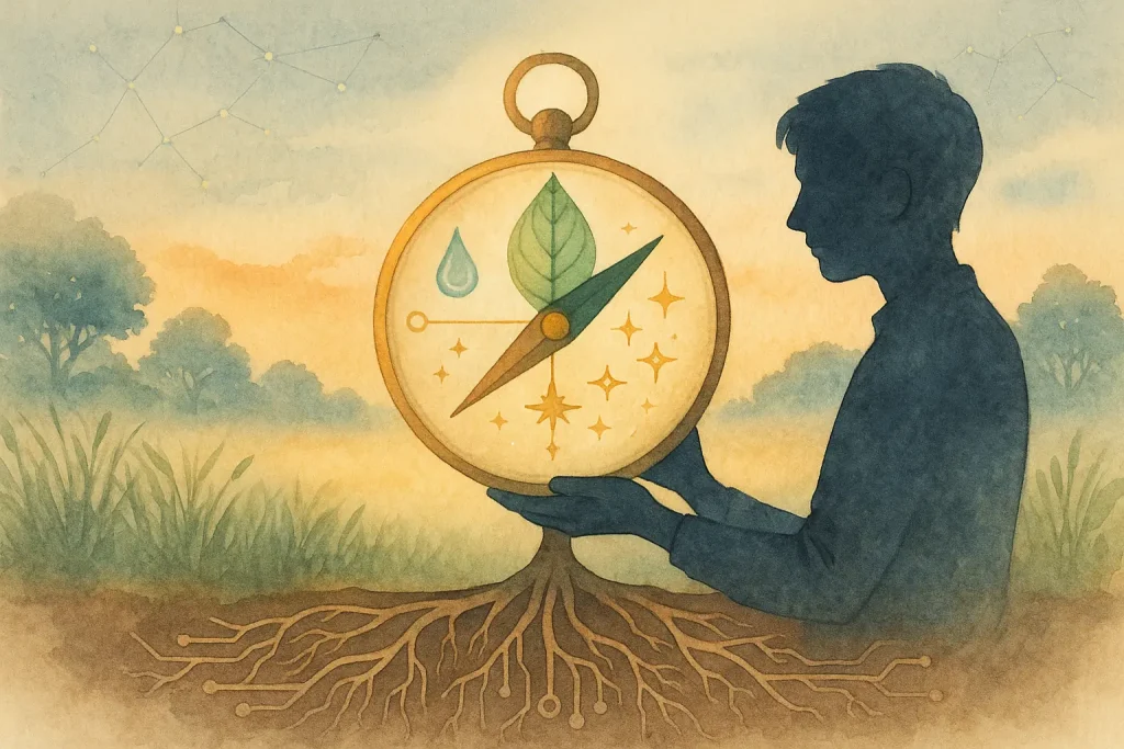 Illustration poétique représentant une boussole vivante — feuille et constellation dorée — tenue par une silhouette humaine contemplative, symbole d’un usage mesuré et conscient de l’intelligence artificielle.