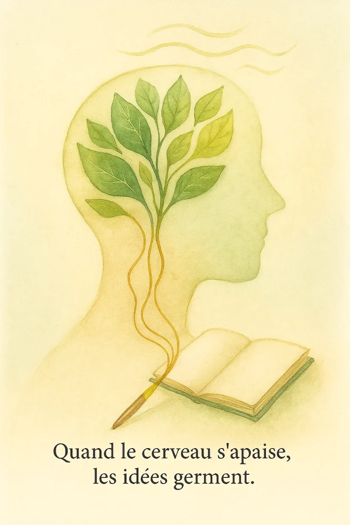Tête en feuilles et fils dorés reliée à un carnet — métaphore de la créativité consciente et des ondes alpha.