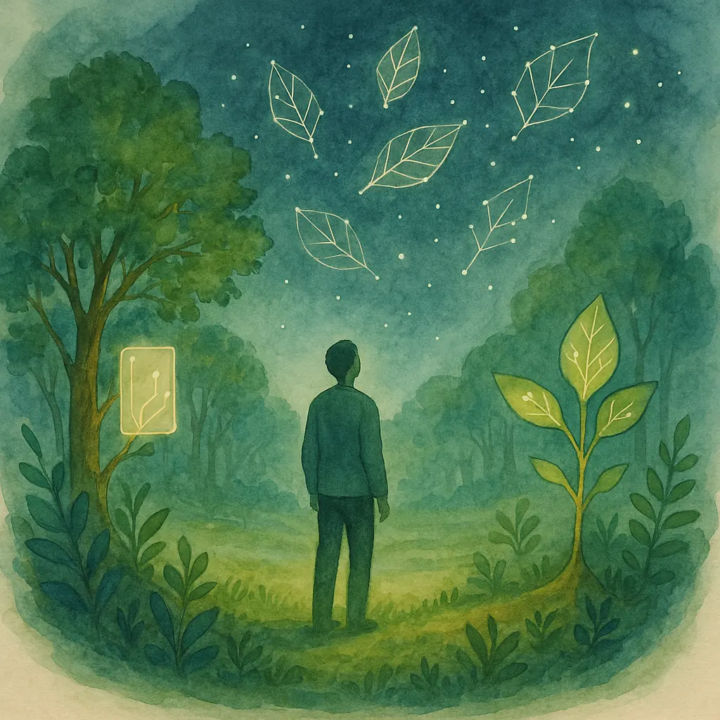 Alliance symbolique entre nature, humain et technologie dans une clairière étoilée.