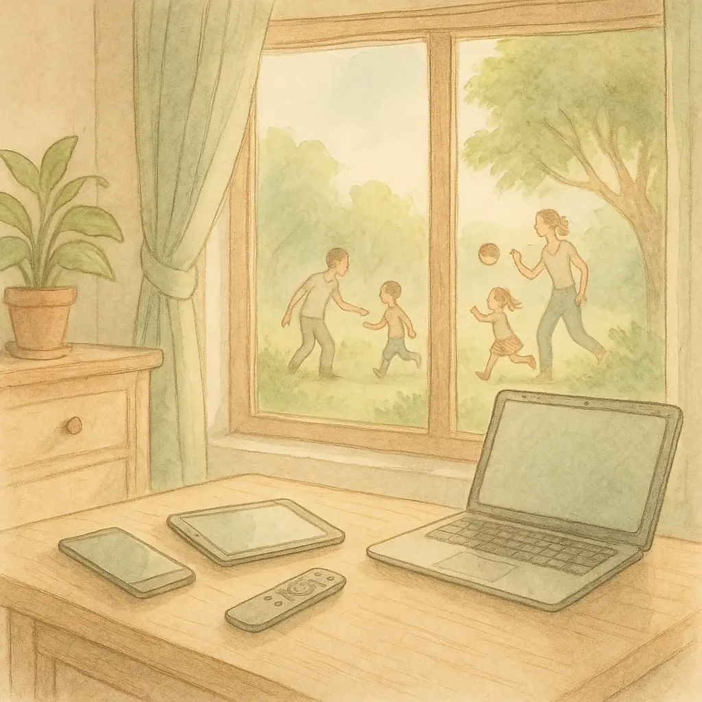 Technoférence parentale : contraste entre les écrans posés à l’intérieur et une famille qui joue dehors vue par la fenêtre, illustrant les études sur l’impact des écrans en famille