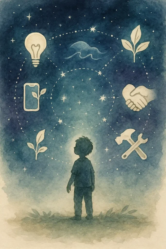 Infographie constellation poétique représentant les compétences et valeurs pour préparer les enfants à demain : curiosité, pensée critique, émotions, coopération, usage équilibré du numérique, bricoler et lien avec le vivant.