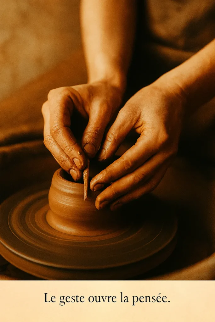 Mains façonnant l’argile — symbole de lien entre corps et esprit dans la création consciente.