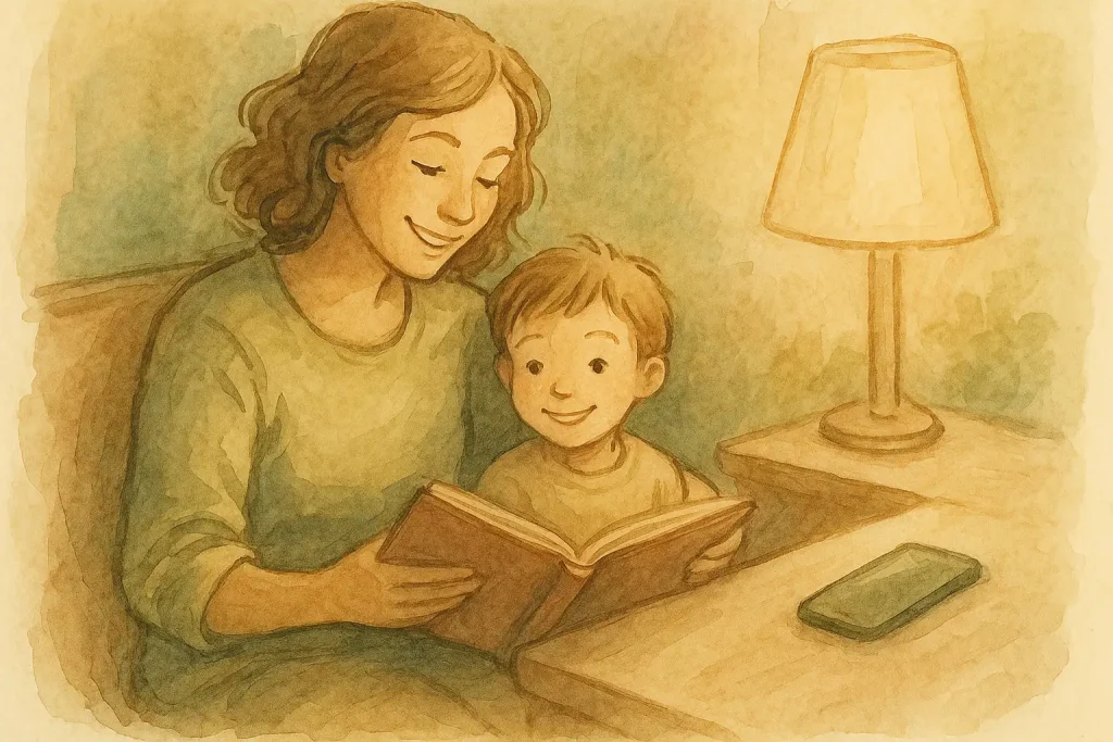 Parent lisant une histoire sans distraction d’écran, illustrant une astuce pour réduire la technoférence parentale