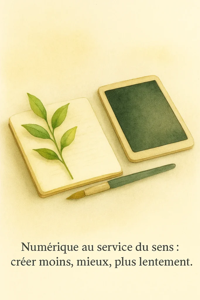 Carnet papier et tablette en veille — symbole de création numérique consciente.