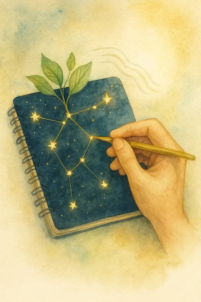 Main reliant des étoiles sur un carnet — métaphore de la pensée poétique et de la lenteur créative.