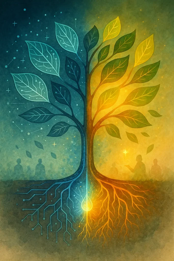 Arbre poétique illustrant la fusion entre logique et émotion dans l’intelligence artificielle, où circuits et sève s’unissent dans une lumière dorée.