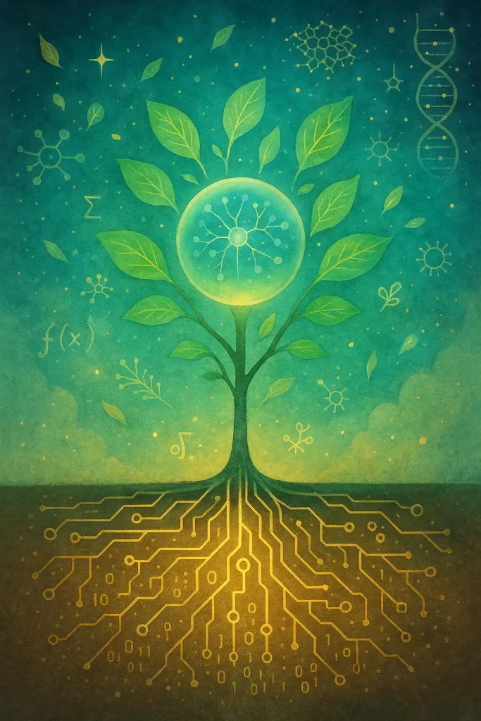 Illustration poétique représentant l’intelligence artificielle comme un télescope du vivant, reliant racines, circuits et constellations biologiques.