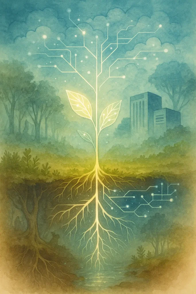 Illustration poétique montrant la cohabitation fragile entre intelligence artificielle et nature, avec une pousse lumineuse reliant la terre vivante et le ciel des données.