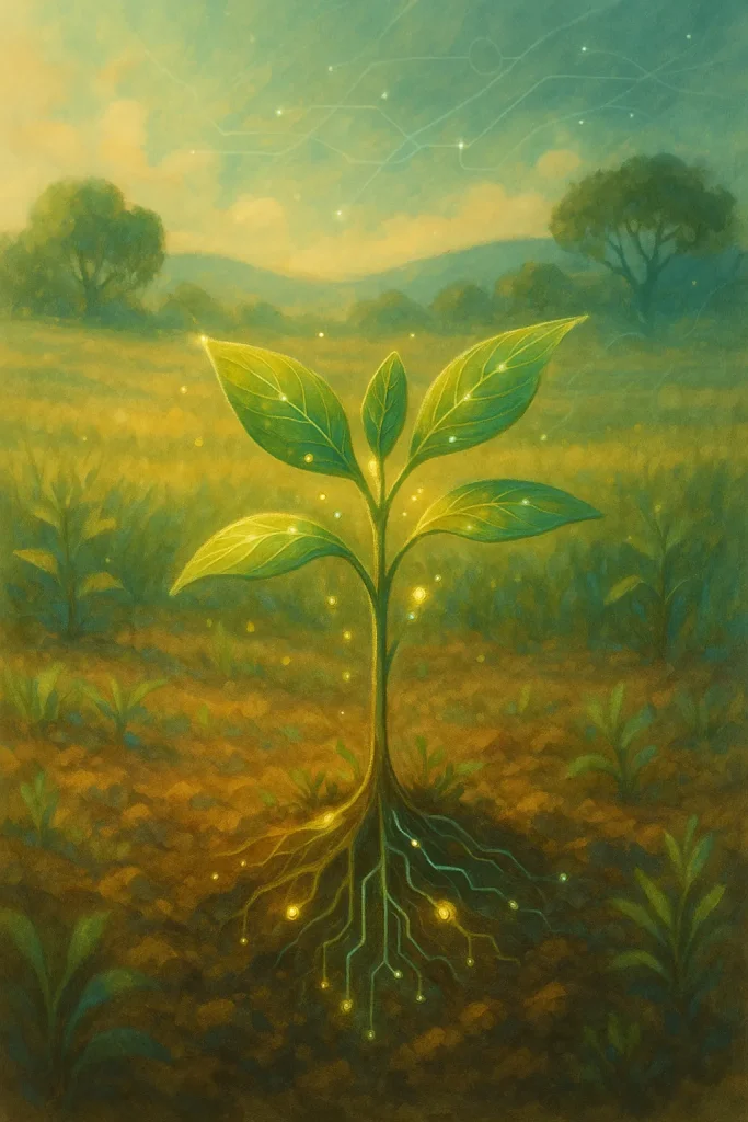 Illustration poétique représentant l’intelligence artificielle au service du vivant, une plante lumineuse dont les racines et les circuits s’unissent sous une lumière dorée.