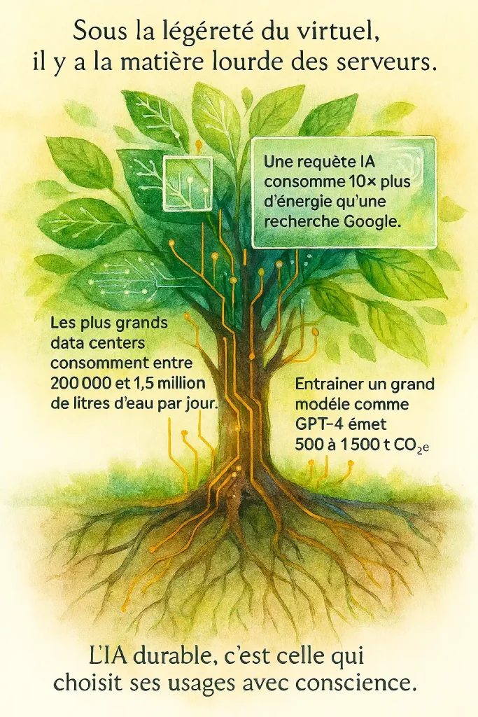 Illustration poétique représentant un arbre symbolisant la nature augmentée : ses feuilles, son tronc et ses racines révèlent l’impact énergétique, hydrique et carbone de l’intelligence artificielle.