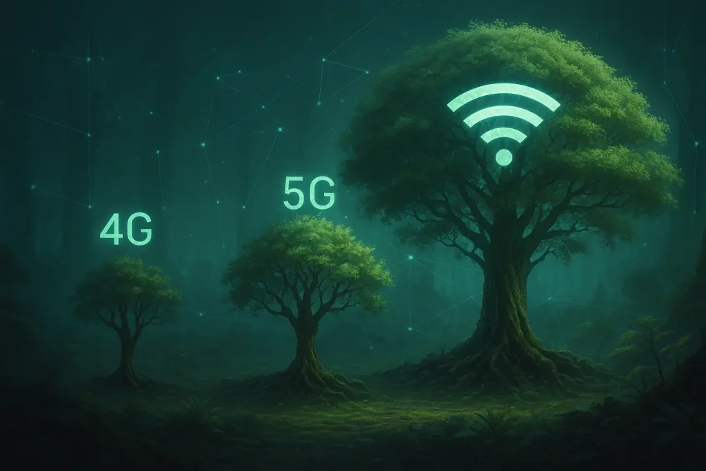 Sobriété numérique : comparaison visuelle 4G, 5G et Wi-Fi symbolisées par des arbres de tailles différentes dans une forêt connectée