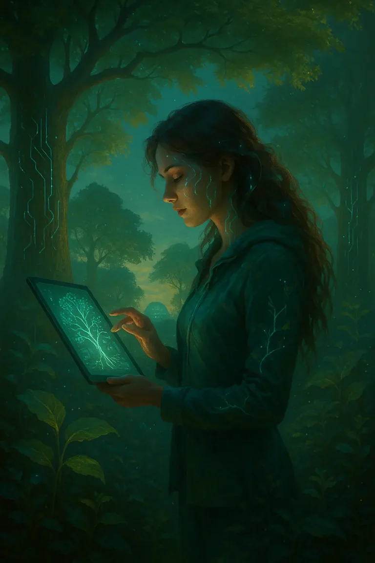 Sobriété numérique : femme dans une forêt futuriste utilisant la technologie en harmonie avec la nature