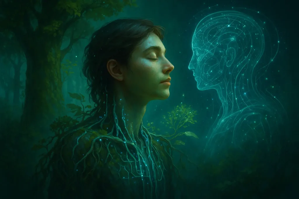 Illustration poétique de la fusion entre l’humain, la nature et l’intelligence artificielle, dans un univers futuriste et apaisant