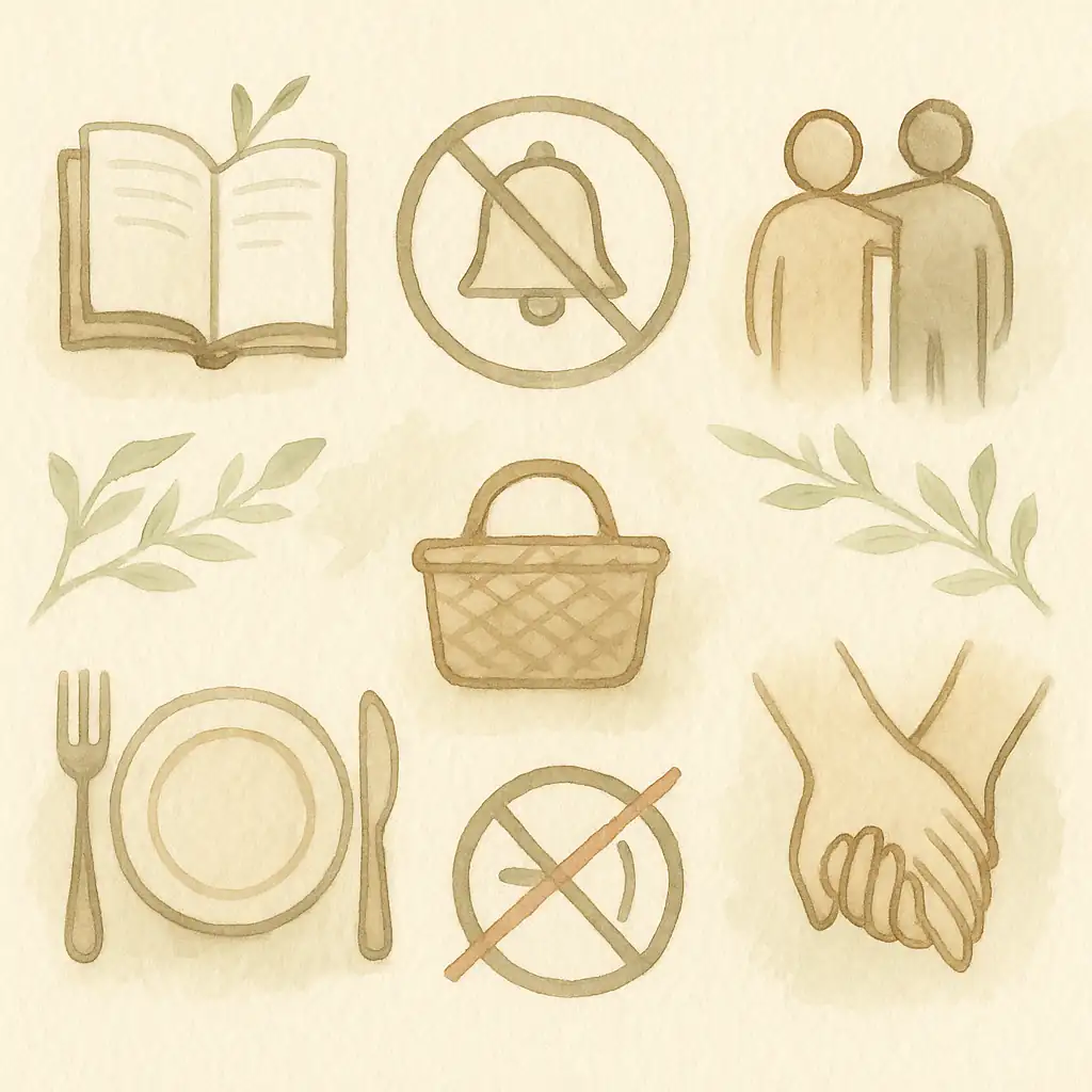 Illustration poétique en aquarelle représentant des symboles de réduction de la technoférence parentale : livre ouvert, arbre protecteur, panier accueillant, horloge douce, espace de jeu en famille.