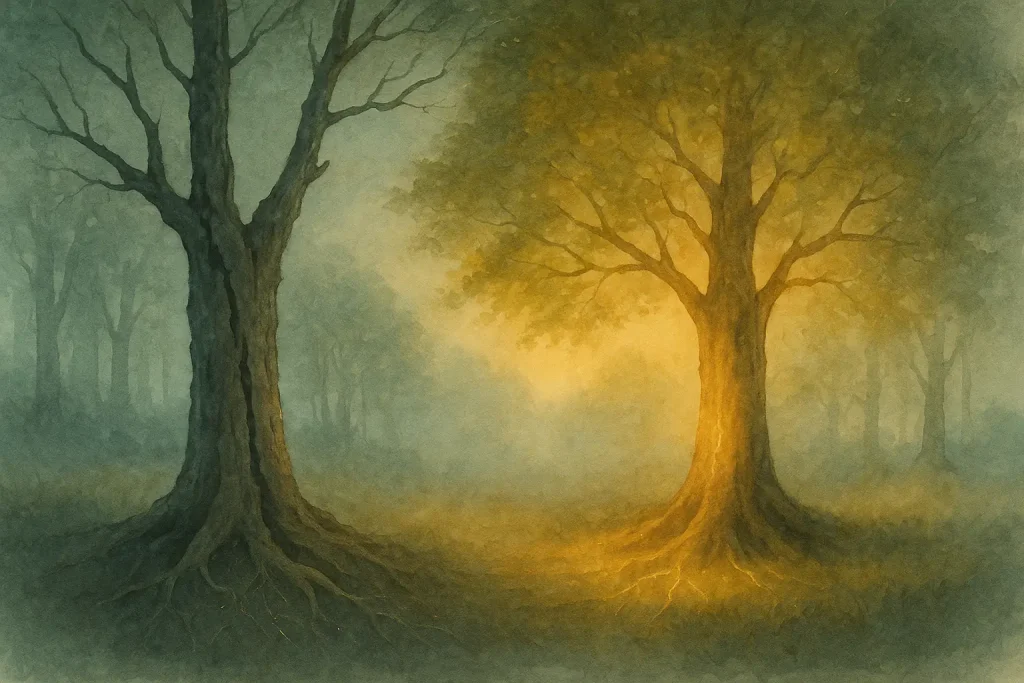 Clairière ancienne au crépuscule avec deux arbres : l’un sombre et fissuré, l’autre vibrant d’une lumière dorée, symbolisant deux manières de vieillir.