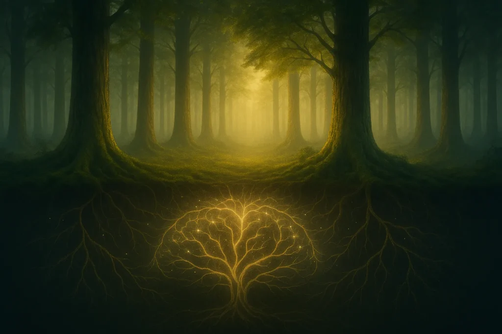 Forêt ancienne baignée d’une brume dorée, des racines lumineuses tissent sous la terre un réseau évoquant un cerveau végétal — symbole de la mémoire du vivant et des interconnexions naturelles.