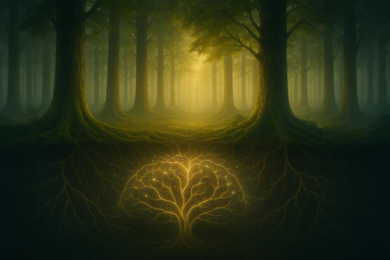 Forêt ancienne baignée d’une brume dorée, des racines lumineuses tissent sous la terre un réseau évoquant un cerveau végétal — symbole de la mémoire du vivant et des interconnexions naturelles.
