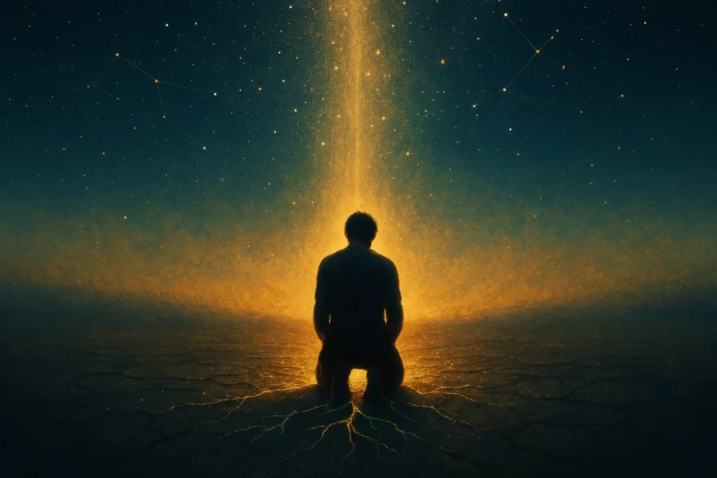 Silhouette humaine vue de dos, à genoux sur un sol craquelé, traversé de racines lumineuses ; une lumière dorée monte vers le ciel constellé, symbole d’espoir et de renaissance après la chute.