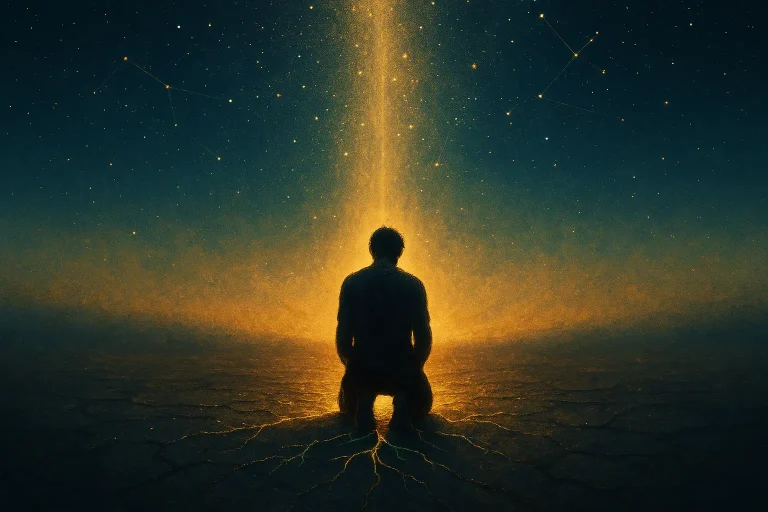 Silhouette humaine vue de dos, à genoux sur un sol craquelé, traversé de racines lumineuses ; une lumière dorée monte vers le ciel constellé, symbole d’espoir et de renaissance après la chute.