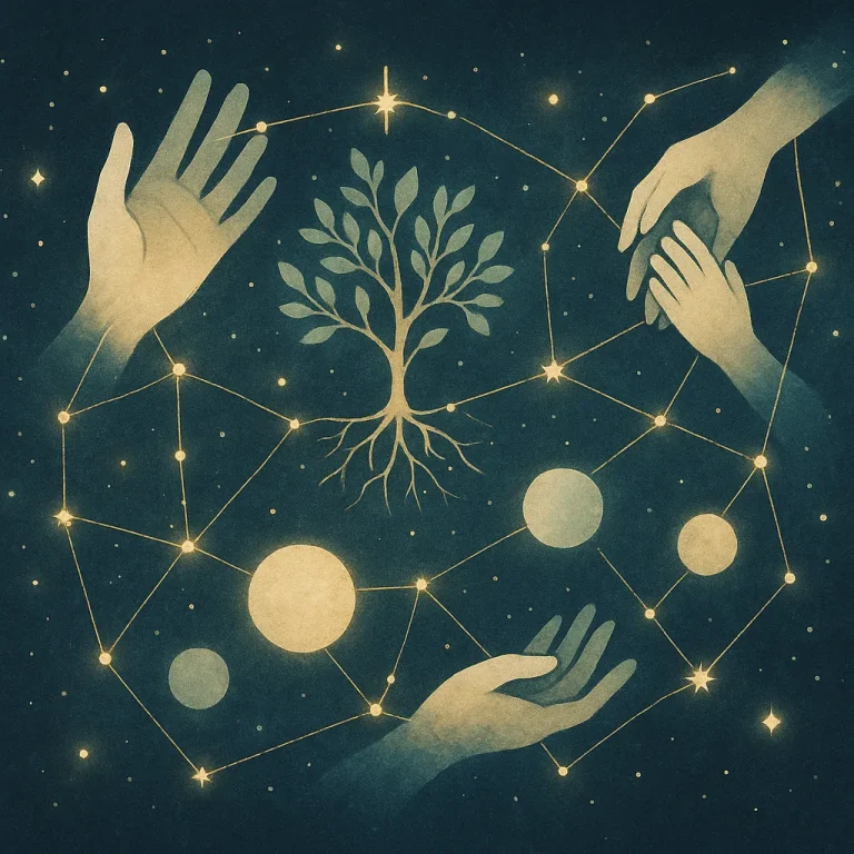 Constellation de liens humains — symbole de la transmission financière responsable.