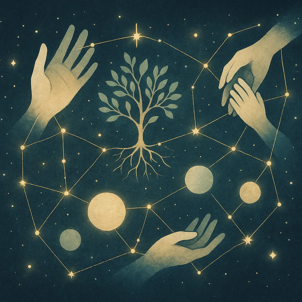 Constellation de liens humains — symbole de la transmission financière responsable.