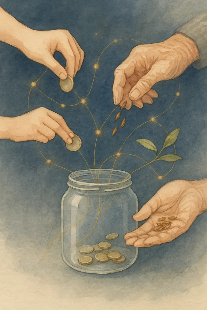 Mains de générations différentes déposant ensemble des pièces et des graines — image de la transmission financière familiale.