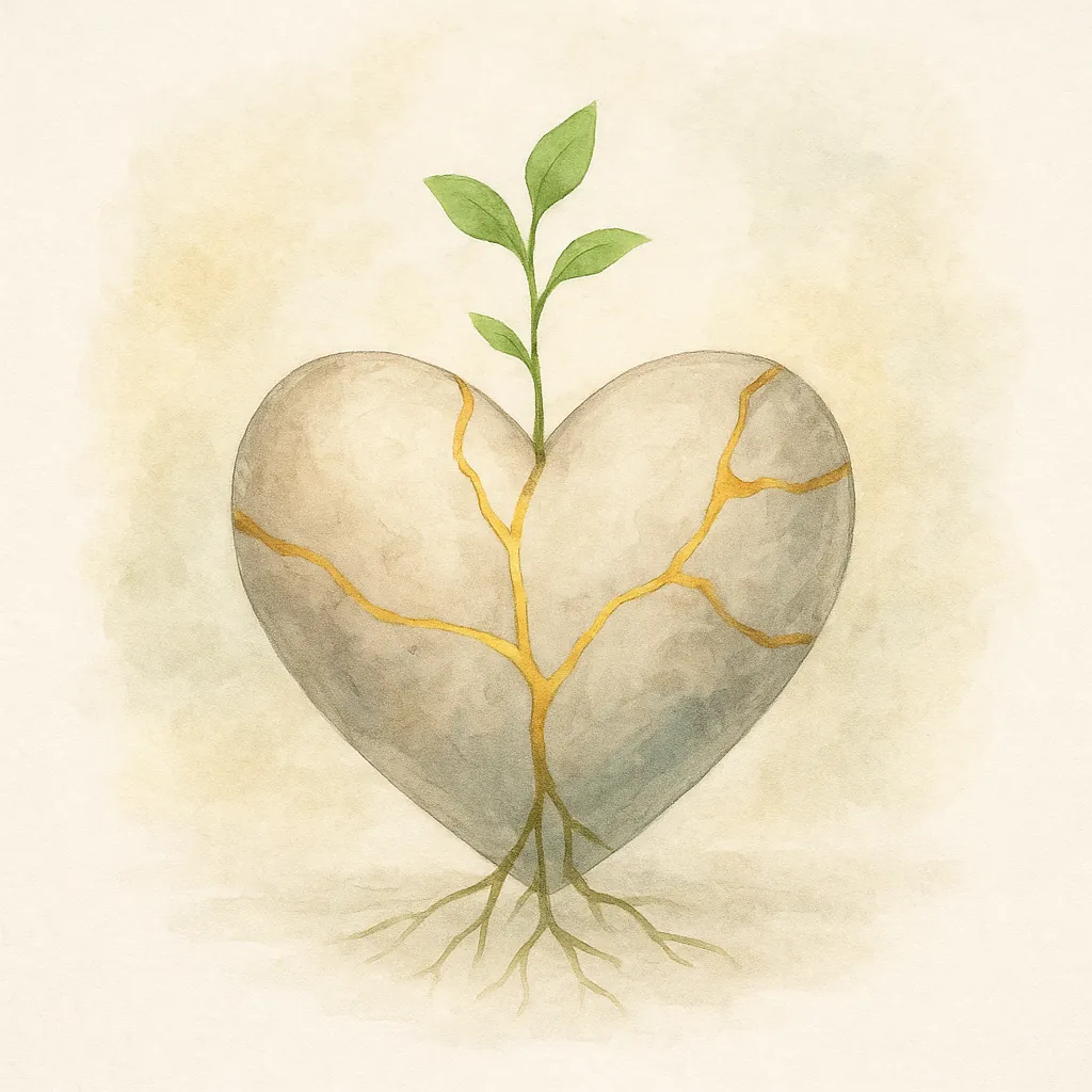 Illustration en aquarelle d’un cœur fissuré réparé à l’or, d’où émergent de fines racines et une jeune pousse verte. Symbole de guérison, de douceur intérieure et de renaissance.