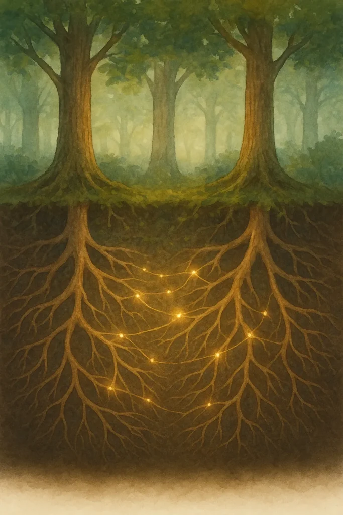 Coupe poétique du sol forestier montrant les racines d’arbres reliées par un réseau lumineux de mycorhizes dorées — symbole du Wood-Wide-Web et de l’interconnexion du vivant.