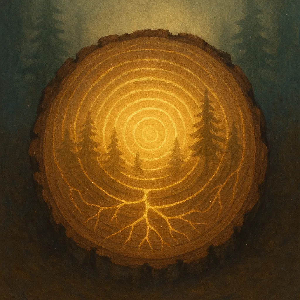 Coupe d’arbre stylisée montrant des cernes lumineux dorés, à l’intérieur desquels apparaissent des silhouettes d’arbres — symbole de la mémoire du vivant et du temps long.