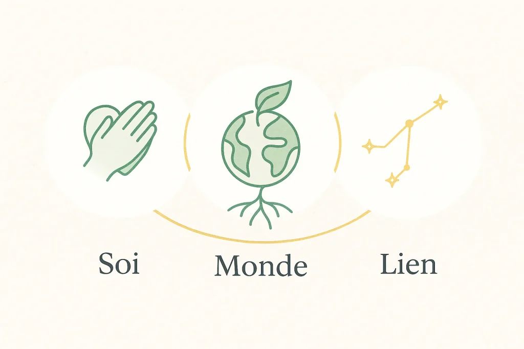 Infographie minimaliste illustrant la conscience à trois visages : une main sur un cœur pour le Soi, un globe feuillu pour le Monde et une constellation dorée pour le Lien, reliés par un fil doré sur fond clair.