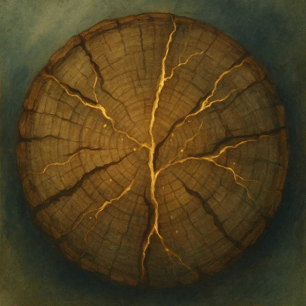 Gros plan sur une coupe de tronc ancien dont les fissures sont comblées d’or lumineux, évoquant un kintsugi végétal et la transformation intérieure par la sagesse.