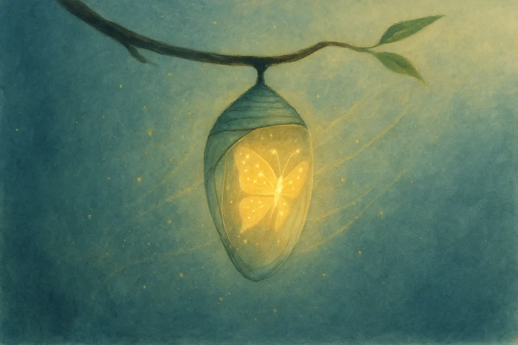 Illustration poétique d’une chrysalide translucide suspendue à une branche, laissant deviner un papillon de lumière constellée prêt à éclore. Ambiance brumeuse et dorée, symbole de transformation et d’espoir.