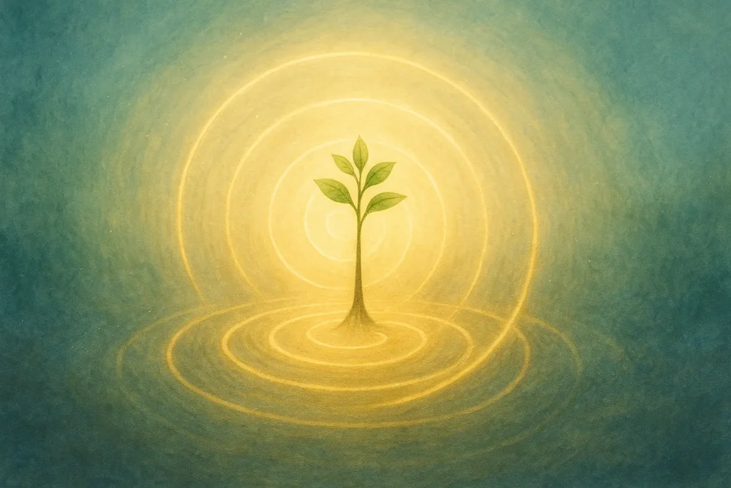 Jeune arbre poussant au centre d’une spirale lumineuse dorée, symbolisant la lenteur, la résilience naturelle et le rythme du vivant.