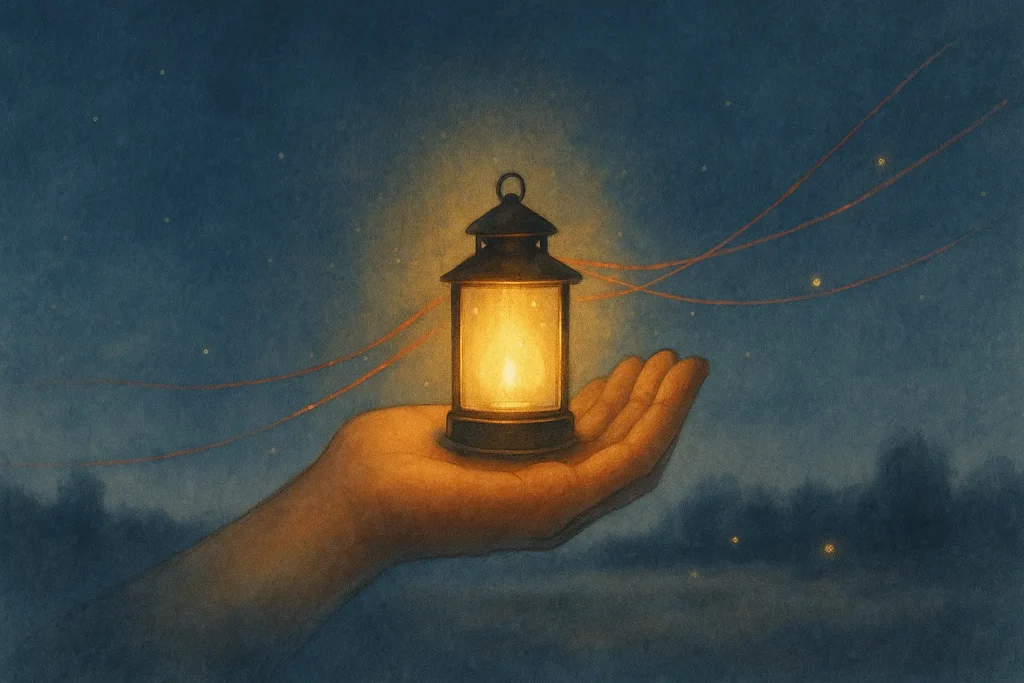 Illustration poétique d’une main ouverte tenant une lanterne dorée dont s’échappent de fins filaments rouges rejoignant d’autres lumières au loin. Atmosphère nocturne bleu-gris, symbole de transmission, d’espoir et de continuité humaine.