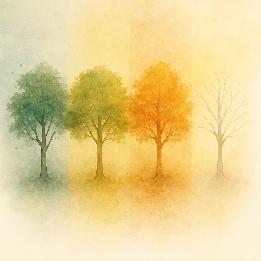 Quatre silhouettes d’un même arbre représentées en aquarelle — printemps, été, automne et hiver lumineux — symbolisant les saisons de la vie et ses cycles intérieurs.