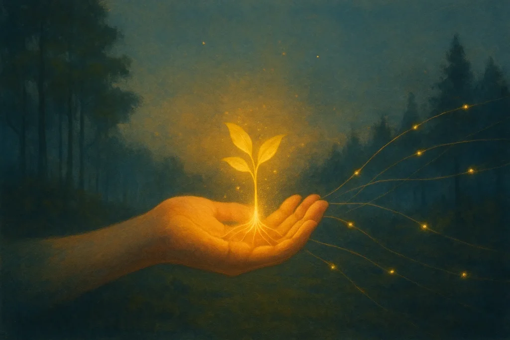 Main humaine ouverte recueillant une jeune pousse dorée, dont les filaments lumineux rejoignent la forêt au loin — symbole du pacte du vivant, de la transmission et du lien entre nature et humanité.