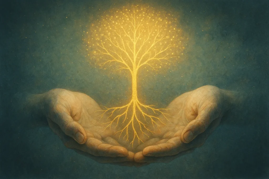 Mains ouvertes laissant naître des racines dorées qui montent en une ramure de lumière — symbole de transmission, de sagesse et de vieillissement conscient.