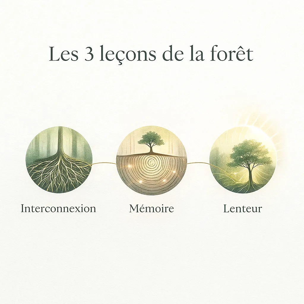 Infographie douce montrant trois cercles reliés par un fil doré : racines pour l’Interconnexion, cernes de tronc pour la Mémoire, et arbre baigné de lumière pour la Lenteur.