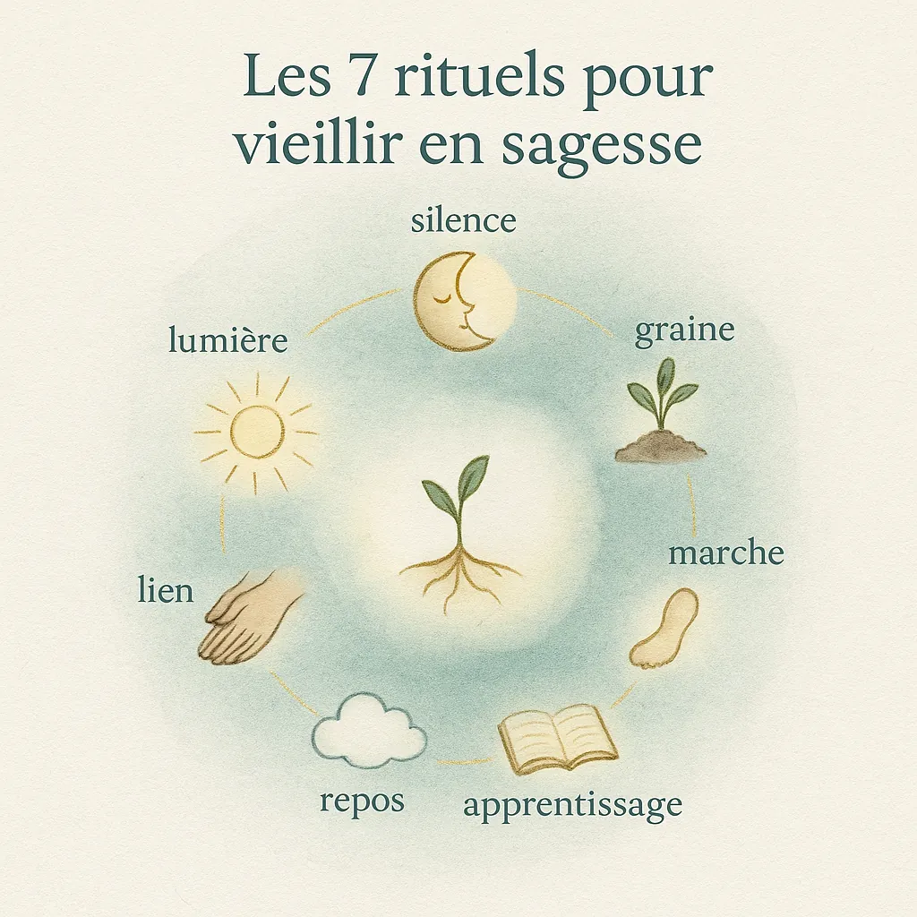 Infographie illustrant les 7 rituels pour vieillir en sagesse : silence, graine, marche, lumière, lien, repos et apprentissage, disposés en cercle relié par un fil doré.