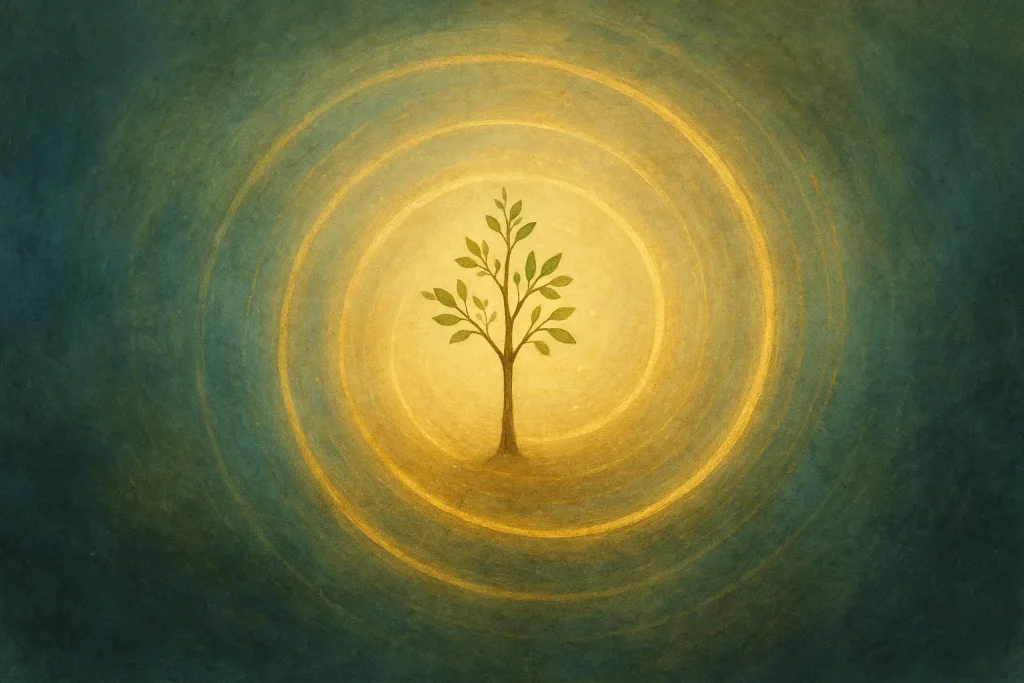 Jeune arbre au centre d’une spirale lumineuse dorée, dont chaque anneau symbolise une saison — illustration de la lenteur vivante et du temps long.