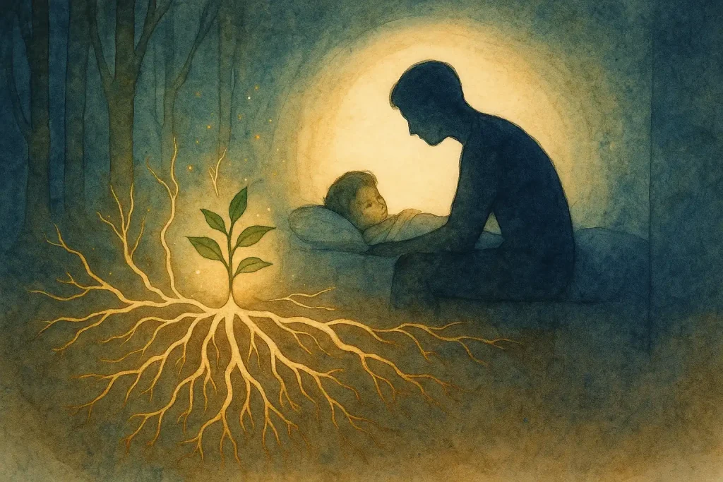 Parent veillant un enfant endormi dans une forêt intérieure où racines blessées et racines lumineuses se rejoignent — métaphore de la transmission et de la guérison des traumas.