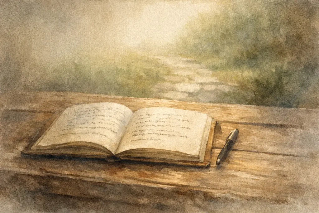 Carnet ouvert sur table boisée, écriture comme refuge intérieur et espace de transmission.